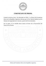 Javier Milei confirmó que Patricia Bullrich será nuevamente ministra de Seguridad