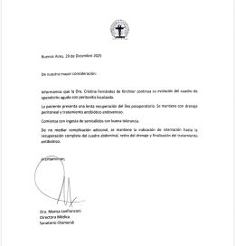 Nuevo parte médico: Cristina Kirchner presenta una mejora en su cuadro de apendicitis